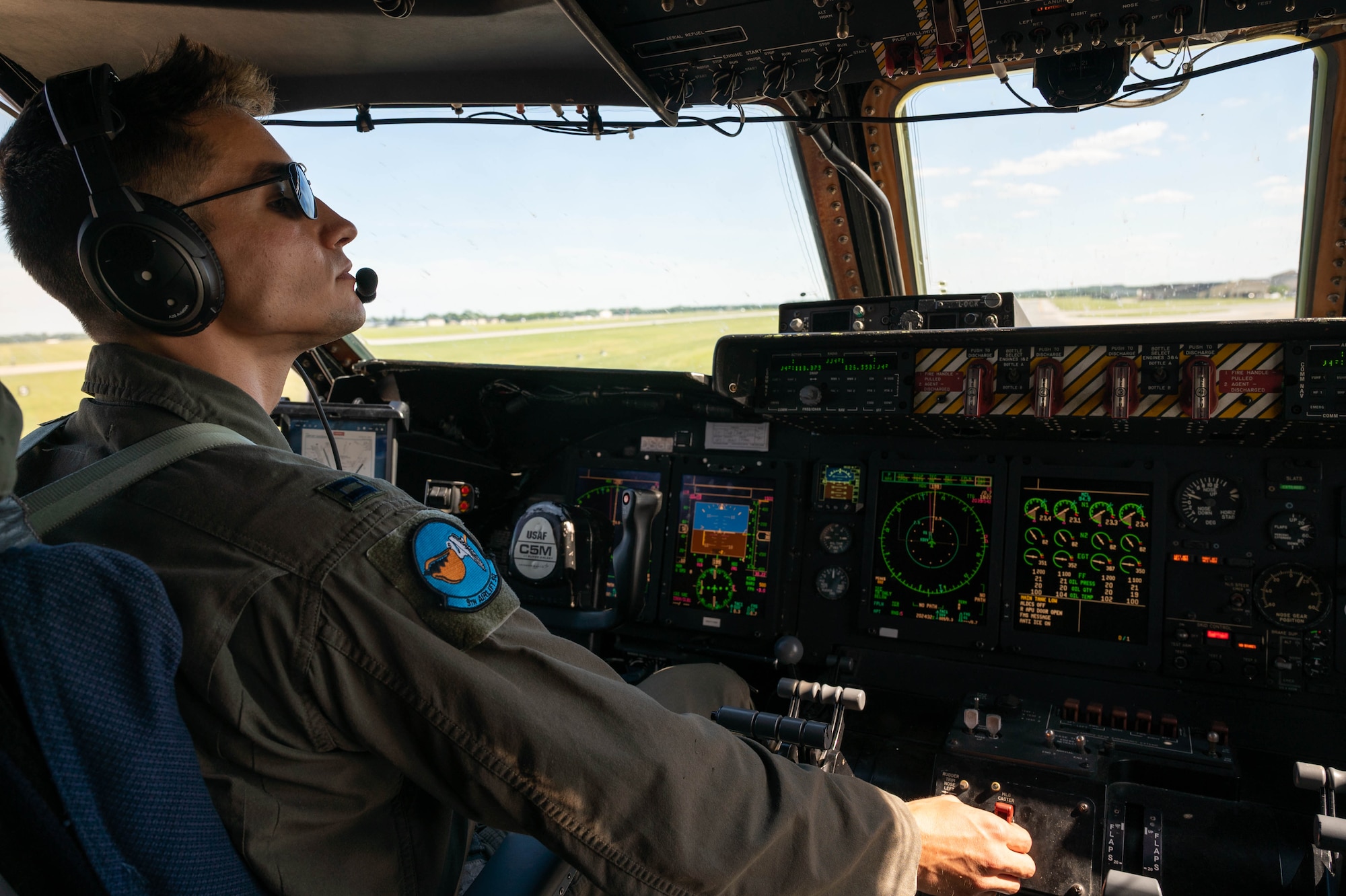 Capt. Jake Riley, 9th Airlift Squadron pilot, taxis a C-5M Super Galaxy after a local training flight at Dover Air Force Base, Delaware, June 23, 2021. The 9th AS routinely trains to provide global reach with unique outsized and oversized airlift capabilities on the C-5. (U.S. Air Force photo by Senior Airman Faith Schaefer)