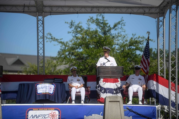 Rear Adm. John F. Meier, Commander, Naval Air Force Atlantic, speaks to Naval Nuclear Power Training Command