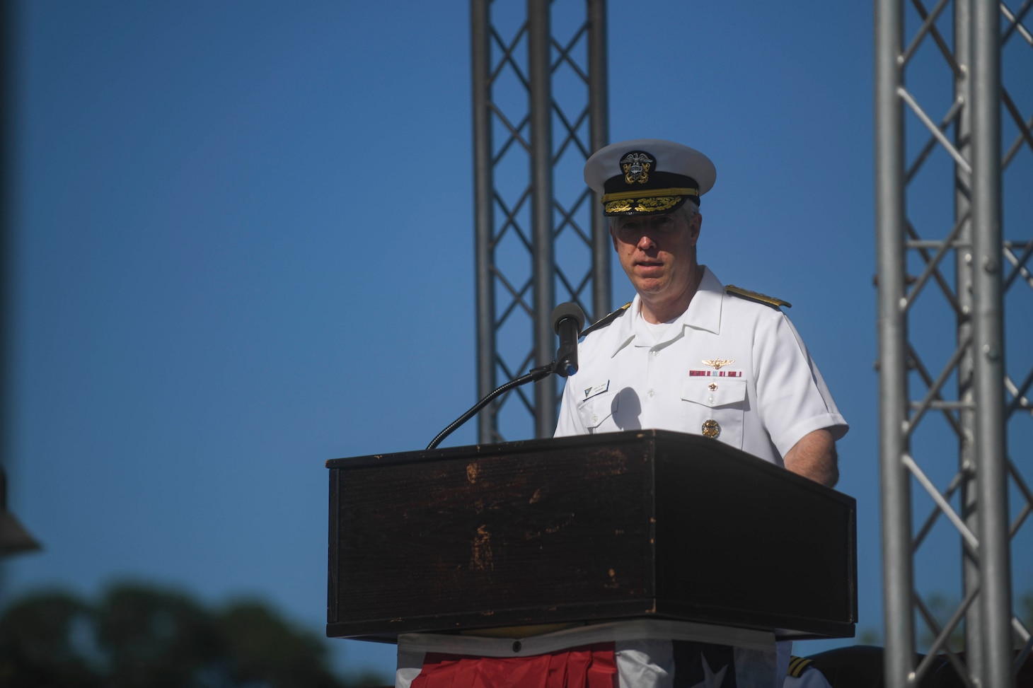 Rear Adm. John F. Meier, Commander, Naval Air Force Atlantic, speaks to Naval Nuclear Power Training Command