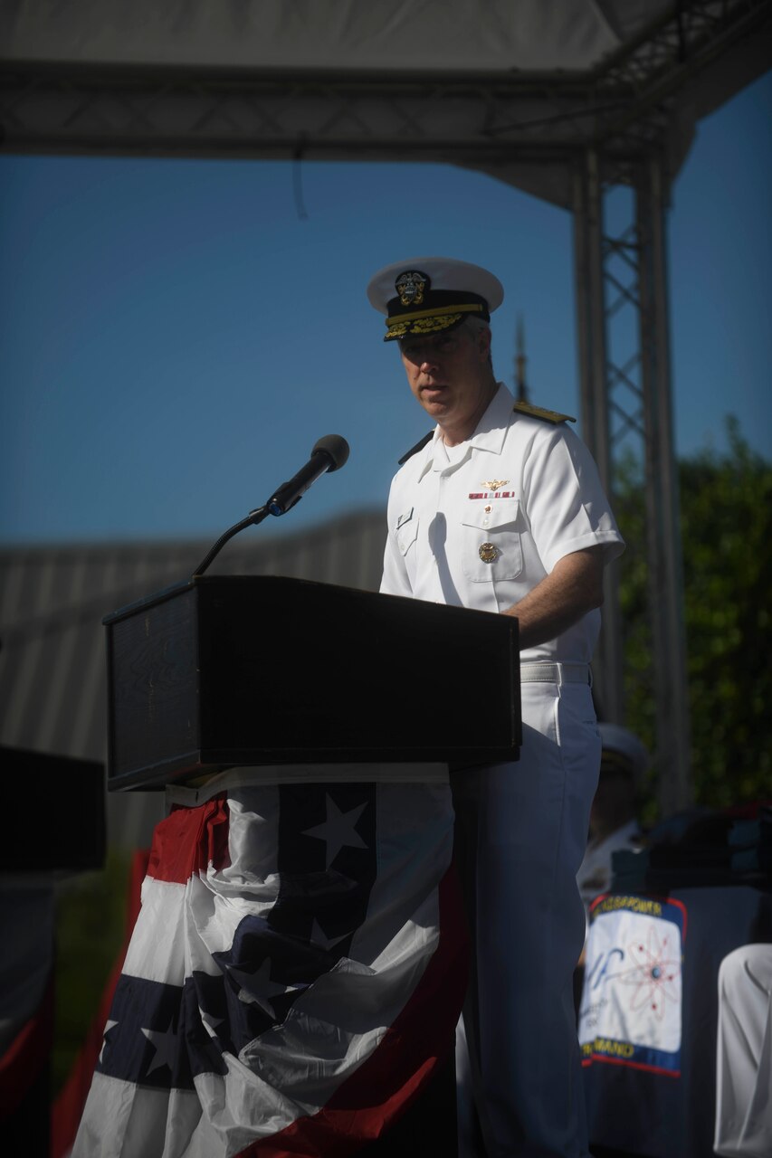 Rear Adm. John F. Meier, Commander, Naval Air Force Atlantic, speaks to Naval Nuclear Power Training Command