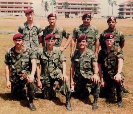Then-Staff Sgt. Jose “Joe” Santoscruz, standing third from the left, with his squad from the 82nd Airborne Division in Panama in 1983. Santoscruz said the soldiers he met during his 30 years of service are like a family to him. (Courtesy photo)