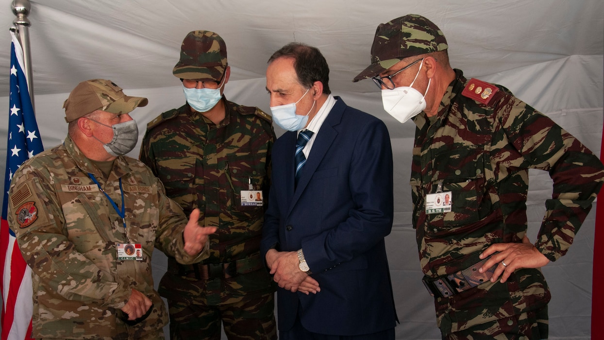 Governor Hassan Khalil, civic leader of Tiznit Province meets with U.S. and Moroccan military leaders at the Military Medical Surgical Field hospital in Tafraoute, Morocco.