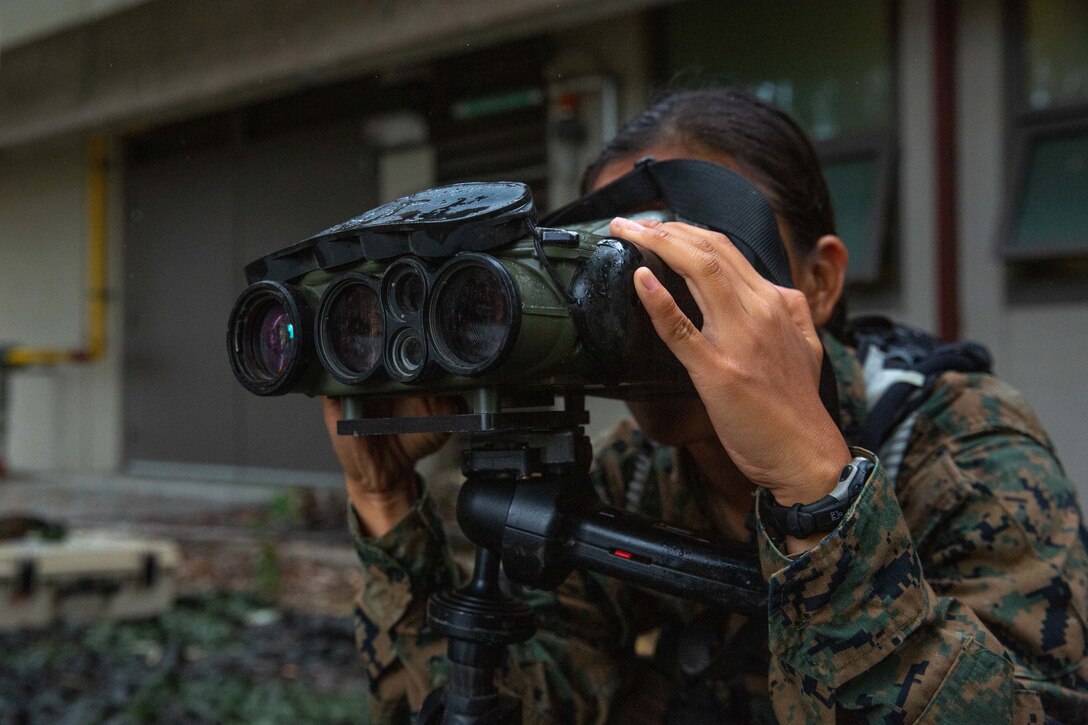 A midshipman looks through a video imaging system.