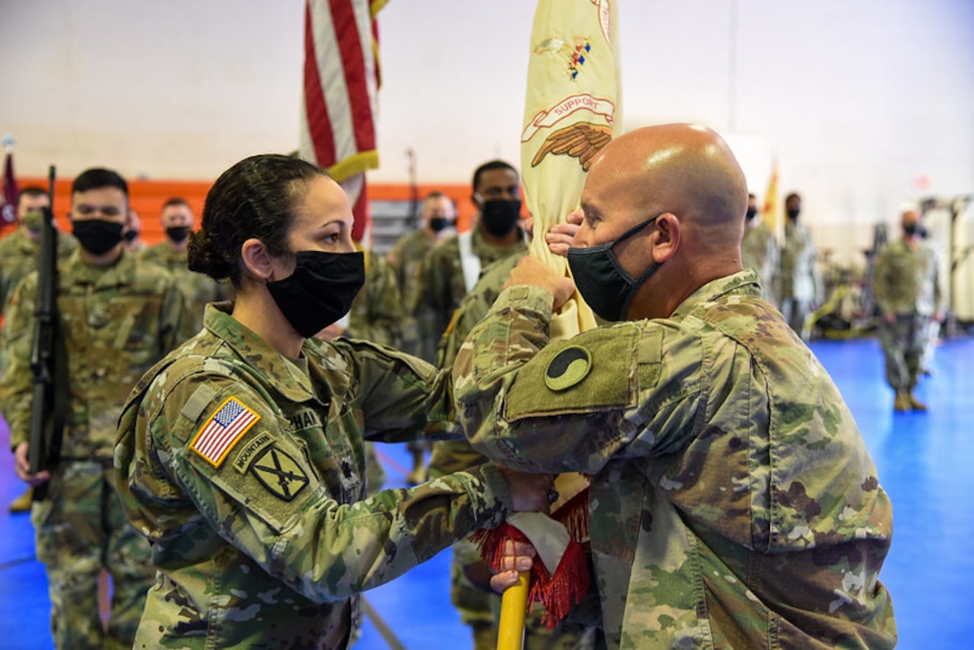 Lt. Col. Alyssa Y. Astphan takes command of the Danville-based 429th Brigade Support Battalion, 116th Infantry Brigade Combat Team from Lt. Col. Edwin R. Bochtler during a change of command ceremony Nov. 14, 2020, in Danville, Virginia. Col. Christopher J. Samulski, 116th IBCT commander, presided over the ceremony and the exchange of unit colors which signified the transfer of command from Bochtler to Astphan. (U.S. Army National Guard photo by Sgt. 1st Class Terra C. Gatti)