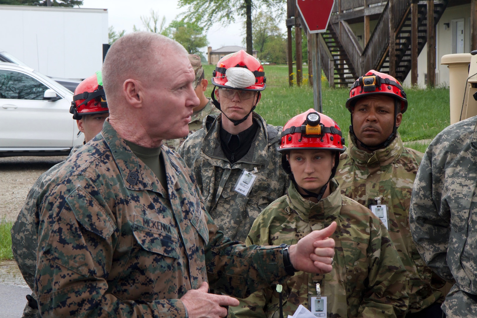 U.S. Marine Corps Sgt. Maj. Paul McKenna, Command Senior Enlisted Leader for North American Aerospace Defense Command and U.S. Northern Command, spoke with U.S. Army Soldiers from the 68th Engineer Company, 62nd Engineer Battalion, based in Ft. Hood, Texas, during Guardian Response 19, May 3, 2019.