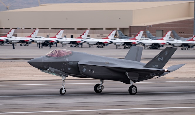 An F-35A Lightning II assigned to the 6th Weapons Squadron lands after a training mission at Nellis Air Force Base, Nev., March 16, 2021. The U.S. Air Force Weapons School provides academic and advisory support to numerous units, enhancing air combat training for Airmen from the Air Force, Department of Defense and U.S. allied services each year.