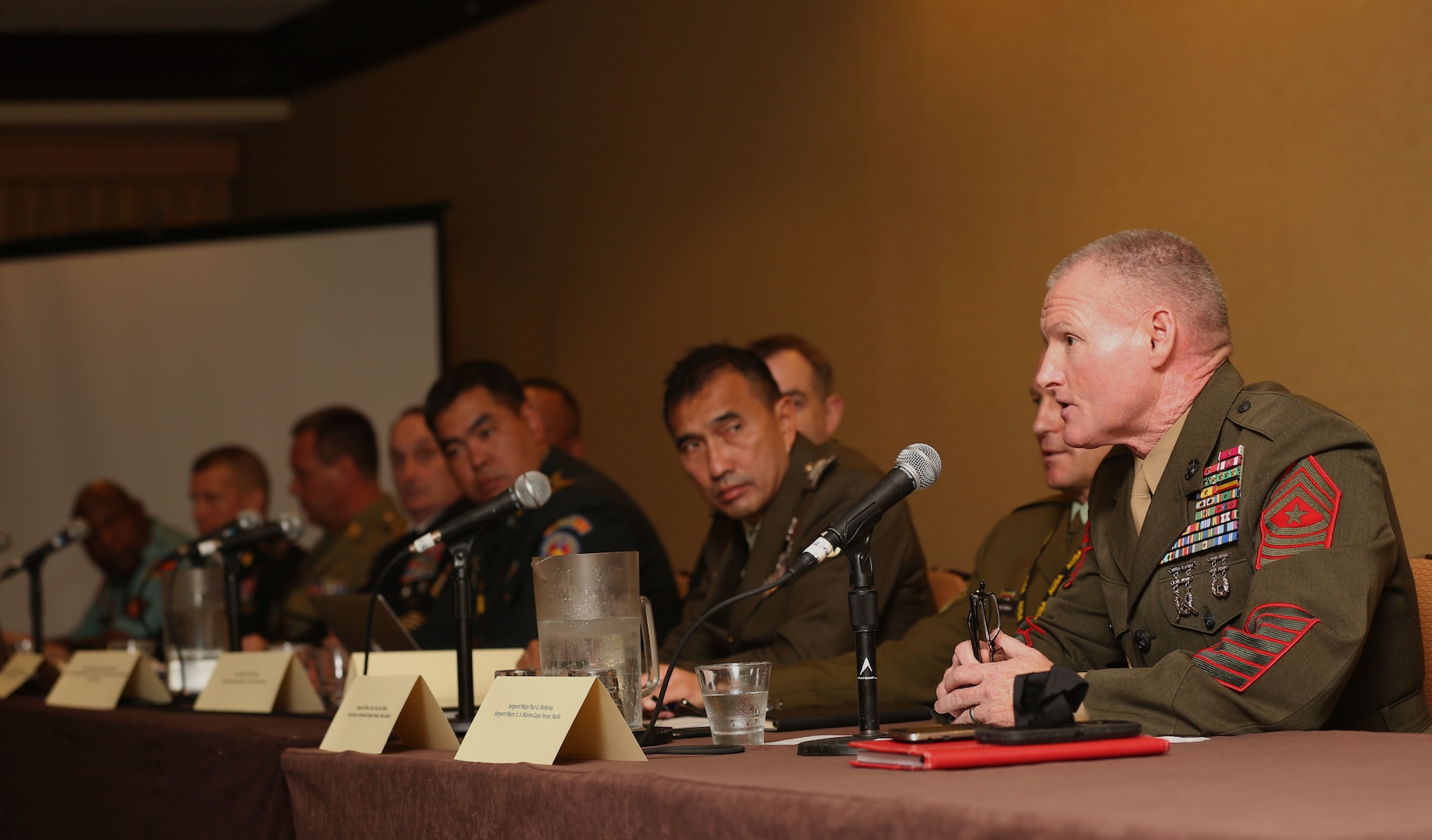 U.S. Marine Sgt. Maj. Paul G. McKenna provides a Marine’s point of view during the Land Power in the Pacific Symposium and Exposition in Honolulu, Hawaii, May 24, 2016.