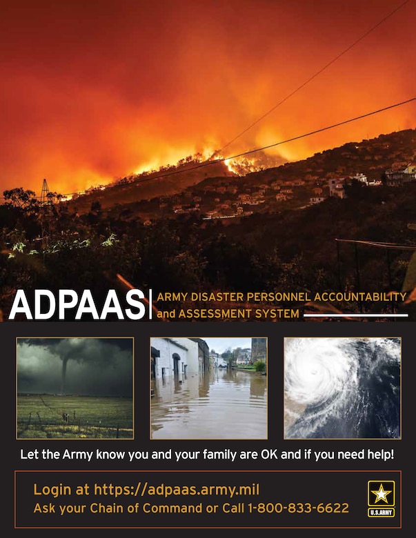 A poster includes images of disasters and information about the Army Disaster Personnel Accountability and Assessment System.