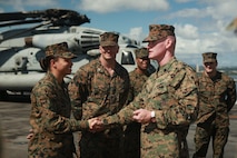 U.S. Marine Corps Forces, Pacific Sgt. Maj. Paul McKenna, command sergeant major, speaks to Marines with the 15th Marine Expeditionary Unit, aboard the USS Essex, Pearl Harbor, Hawaii, Dec. 3, 2015.