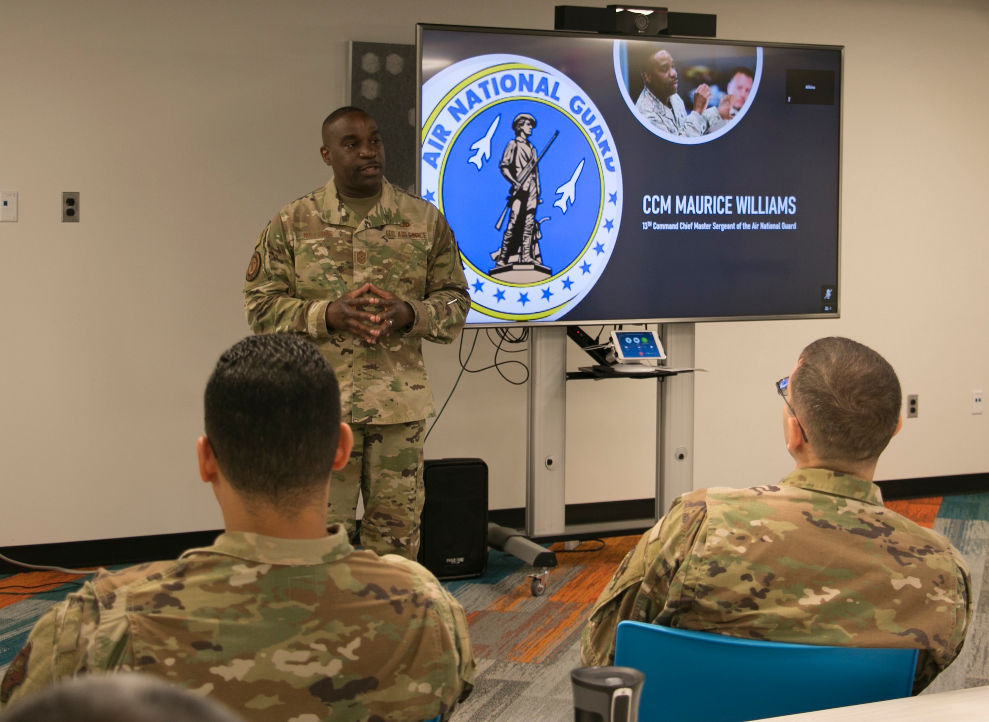 U.S. Air Force Command Chief Maurice L. Williams, command chief, Air National Guard (ANG), speaks with Airmen at the New York Air National Guard’s Technical Sergeants Involved in Mentoring Enlisted Airmen (TIME) conference, in Rome, New York, June 25, 2021. The conference, attended by 81 technical sergeants from all five New York ANG wings and the Eastern Air Defense Sector, provided lessons and small-group discussions on leadership, professional management skills, resiliency, and mentorship.