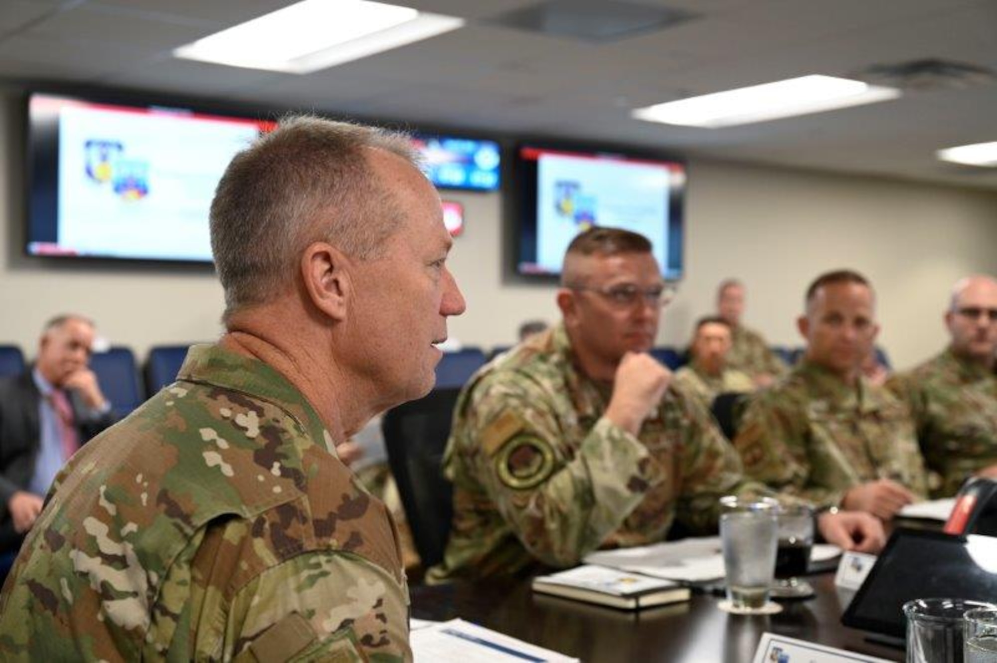 U.S. Air Force Gen. Mark Kelly, commander of Air Combat Command, speaks at a briefing with 9th Air Force (Air Forces Central) at Shaw Air Force Base, South Carolina, June 25, 2021. Shaw Air Force Base leadership, to include 9th Air Force (AFCENT) commander, Lt. Gen. Greg Guillot, hosted Kelly on base Friday, June 26. In addition to meeting with Airmen, the generals discussed future plans at Shaw, to include building resiliency of 9th Air Force (AFCENT). The first of these plans was realized this past spring with the current repositioning of the Kingpin –and the more than 150 Airmen and coalition partners who support it – from the Middle East to Sumter.