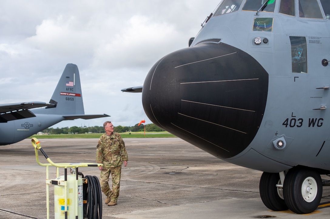Lt. Col. Timothy Weiher, aircraft commander for the 815th Airlift Squadron at Keesler Air Force Base, Miss., took the final flight of his 37-year Air Force career through the hills of Tennessee June 21, 2021. Weiher served 12 years on active duty as a B-52 pilot before transferring to the Air Force Reserve where he flew C-130H, WC-130J, and C-130J aircraft for the 815 and the 53rd Weather Reconnaissance Squadron. (U.S. Air Force by Staff Sgt. Kristen Pittman)