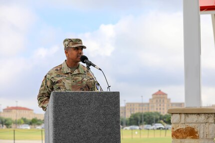 Brig. Gen. William L. Thigpen, U.S. Army South incoming commanding general, presents remarks during the Army South Change of Command Ceremony on June 30, 2021, at Fort Sam Houston, Texas.
