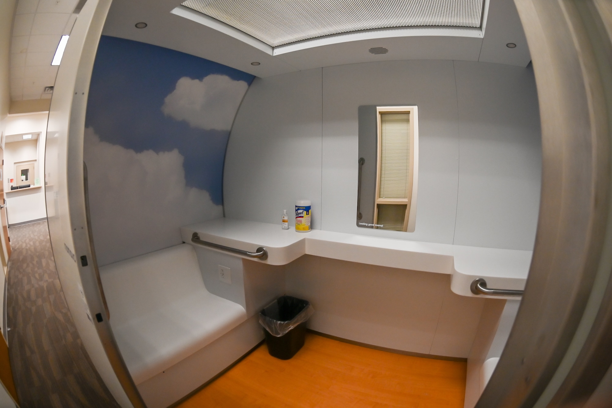 A new lactation pod, pictured here June 28, 2021, for nursing mothers is now located at building 430 at Hill Air Force Base, Utah. The pod features two comfortable benches, wall outlets and a locked door to ensure privacy and will be open during building 430 working hours. (U.S. Air Force photo by Cynthia Griggs)