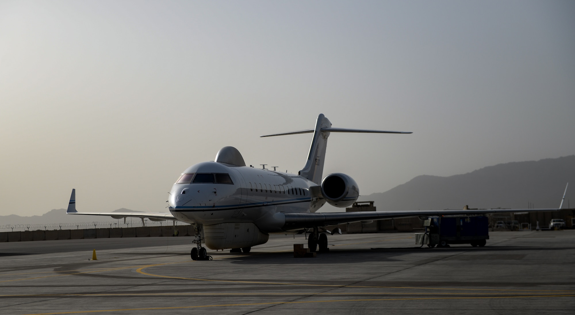 An E-11 Battlefield Airborne Communications Node sits on the flightline at Kandahar Airfield (KAF), Afghanistan, Aug. 1, 2017. The E-11 BACN is a vital airborne signal relay, enabling real-time communications between friendly forces in the air and on the ground. There are only four E-11 aircraft in the Air Force and they operate around the clock, 24/7, ensuring Air Force and coalition operators can communicate when needed.