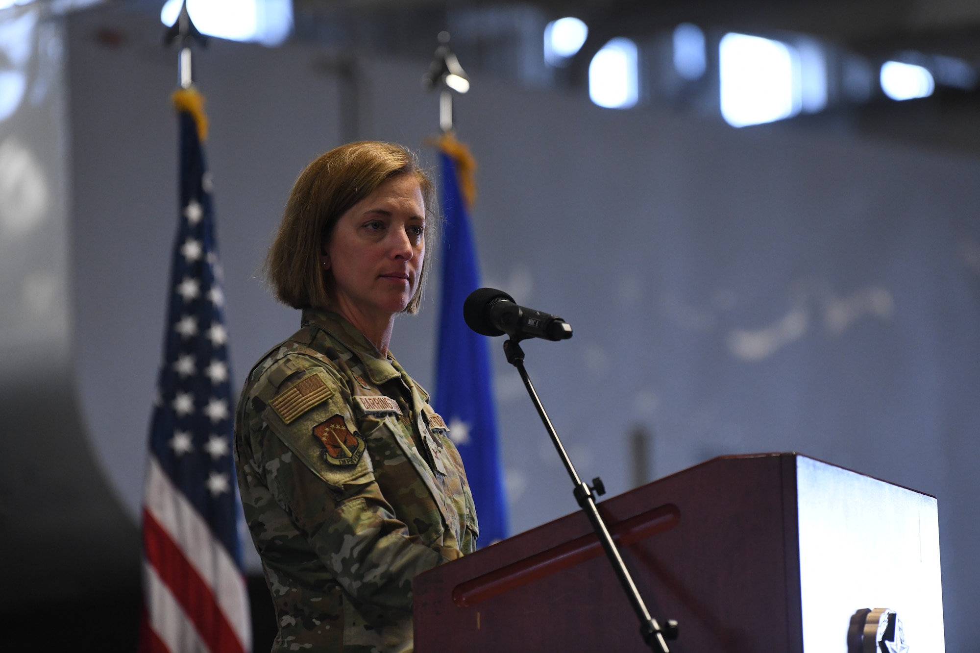 Col. Catherine Barrington, Commander of the 90th Missile Wing, speaks during the 90th Maintenance Group Change of Command Ceremony on F.E. Warren Air Force Base, Wyoming, on June 30, 2021. The change of command ceremony signifies the transition of command from Col. Brian Rico, the outgoing commander of 90 MXG, to Col. Michael Power, the incoming commander of 90 MXG. (U.S. Air Force photo by Airman 1st Class Frazier)