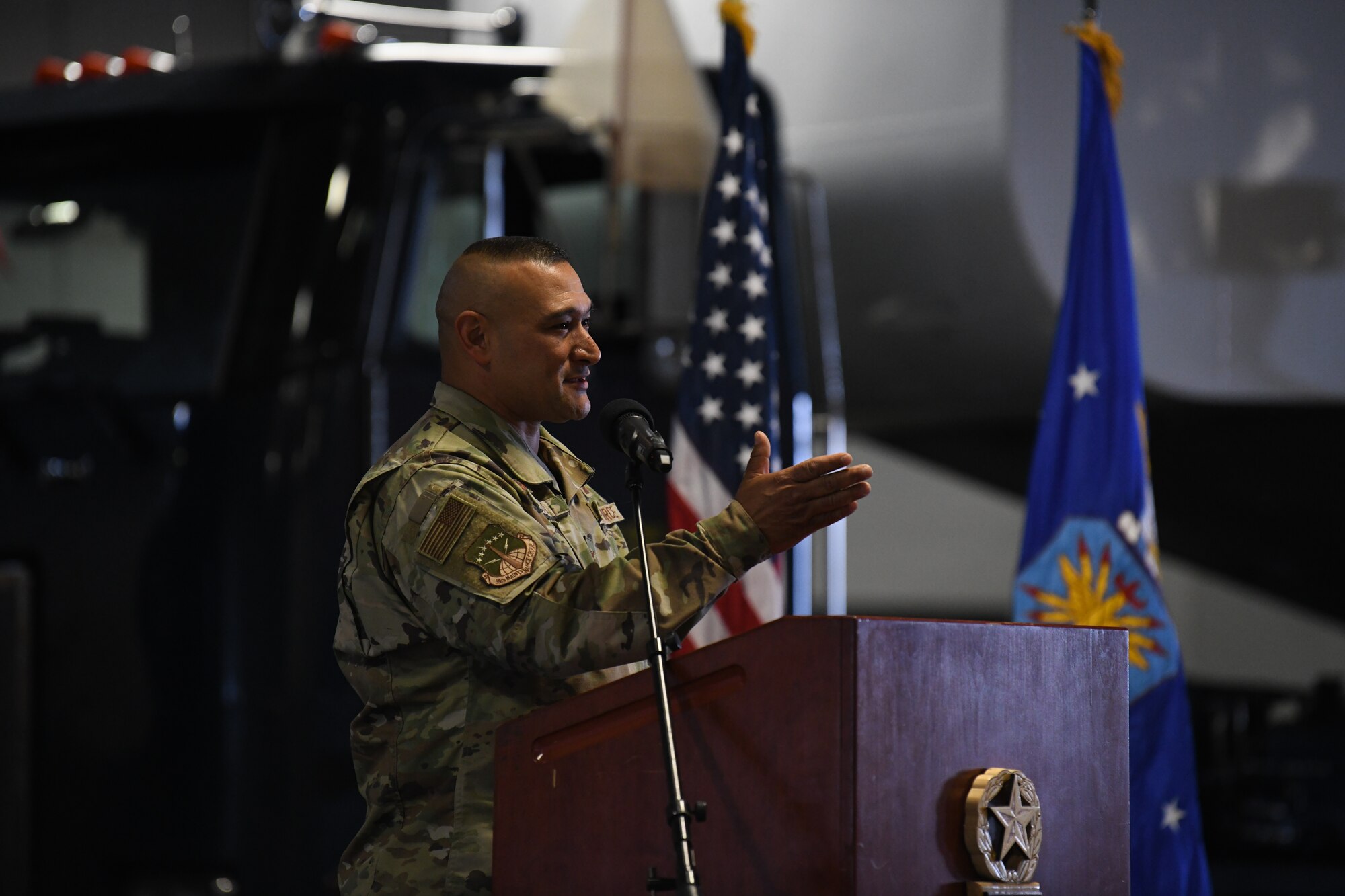 Col. Brian Rico, the outgoing commander of the 90th Maintenance Group, speaks during the 90 MXG Change of Command Ceremony on F.E. Warren Air Force Base, Wyoming, on June 30, 2021. The change of command ceremony signifies the transition of command from Rico to Col. Michael Power, the incoming commander of 90 MXG. (U.S. Air Force photo by Airman 1st Class Frazier)