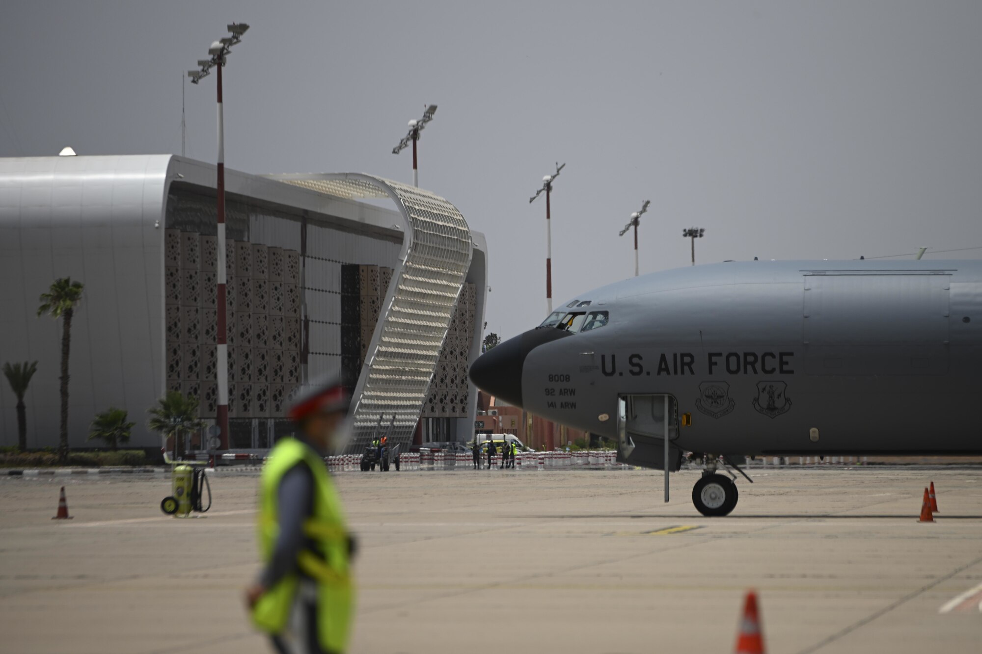 A U.S. Air Force KC-135 Stratotanker aircraft assigned to the 100th Air Refueling Wing, Royal Air Force Mildenhall, England, sits on the flight line of Marrakesh Menara Airport, Morocco, during Exercise African Lion 2021, June, 15, 2021. During African Lion, the KC-135s will provide critical air refueling support to U.S. and Moroccan fighters, promoting interoperability. 



African Lion is U.S. Africa Command's largest, premier, joint, annual exercise hosted by Morocco, Tunisia and Senegal, 7-18 June. More than 7,000 participants from nine nations and NATO train together with a focus on enhancing readiness for U.S. and partner nation forces. African Lion is a multi-domain, multi-component, and multi-national exercise, which employs a full array of mission capabilities with the goal to strengthen interoperability among participants. (U.S. Air Force photo by Senior Airman Joseph Barron)