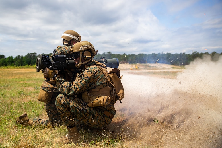 Sgt. Sebastien Auguste, an instructor for the Advanced Infantry Course at the School of Infantry-East, tests the M3E1 Multi-purpose Anti-armor Anti-personnel Weapon System to engage targets during a live-fire training on Camp Lejeune, North Carolina, May 6, 2021. In May, Marine Corps Systems Command began fielding the MAAWS, a recoilless rocket system designed to destroy armored vehicles, structures and fortifications.