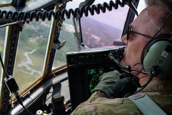 Lt. Col. Timothy Weiher, aircraft commander for the 815th Airlift Squadron at Keesler Air Force Base, Miss., took the final flight of his 37-year Air Force career through the hills of Tennessee June 21, 2021. Weiher served 12 years on active duty as a B-52 pilot before transferring to the Air Force Reserve where he flew C-130H, WC-130J, and C-130J aircraft for the 815 and the 53rd Weather Reconnaissance Squadron. (U.S. Air Force by Staff Sgt. Kristen Pittman)