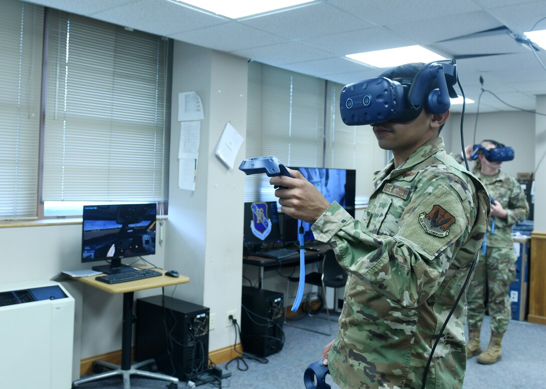 Man in uniform wearing virtual reality headset