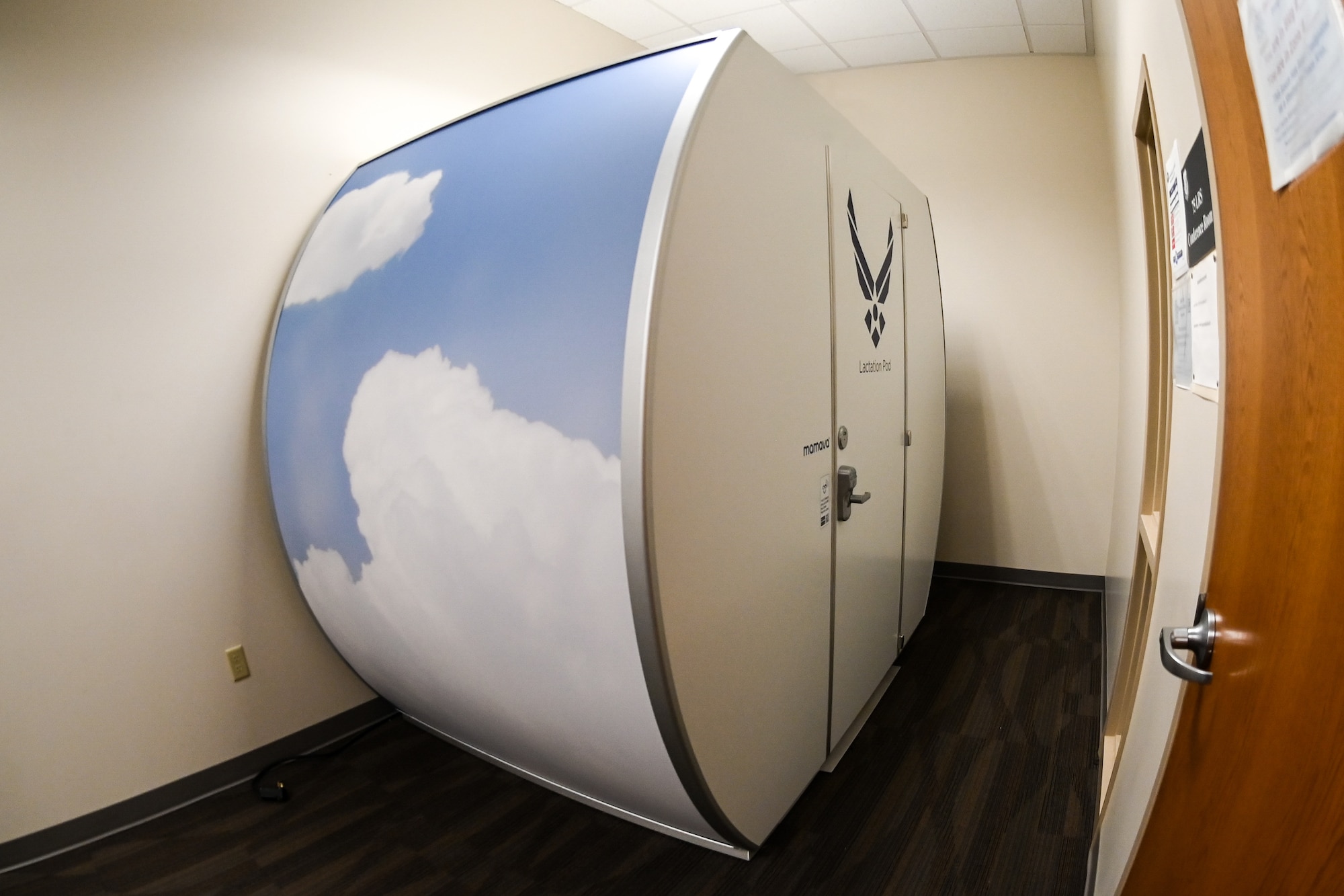 A new lactation pod, pictured here June 28, 2021, for nursing mothers is now located at building 430 at Hill Air Force Base, Utah. The pod features two comfortable benches, wall outlets and a locked door to ensure privacy and will be open during building 430 working hours. (U.S. Air Force photo by Cynthia Griggs)