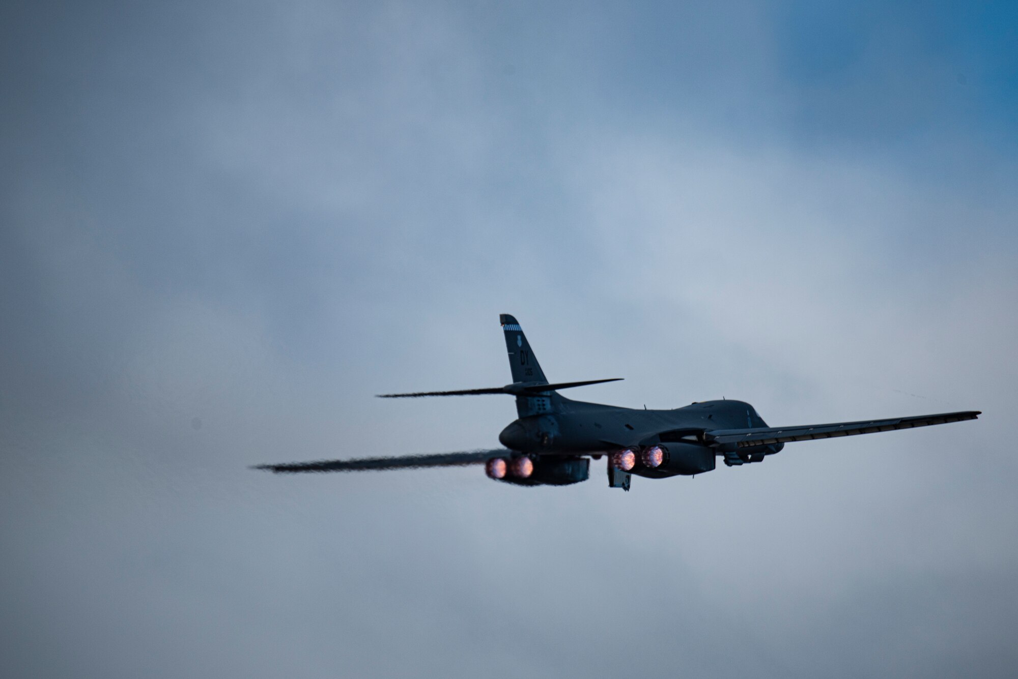A B-1B Lancer assigned to the 9th Expeditionary Bomb Squadron takes off from Ørland Air Force Station, Norway, Feb. 26, 2021. Strategic bombers routinely participate in Bomber Task Force Europe training and operations to enhance the readiness necessary to respond to any contingency or challenge across the globe. (U.S. Air Force photo Airman 1st Class Colin Hollowell)