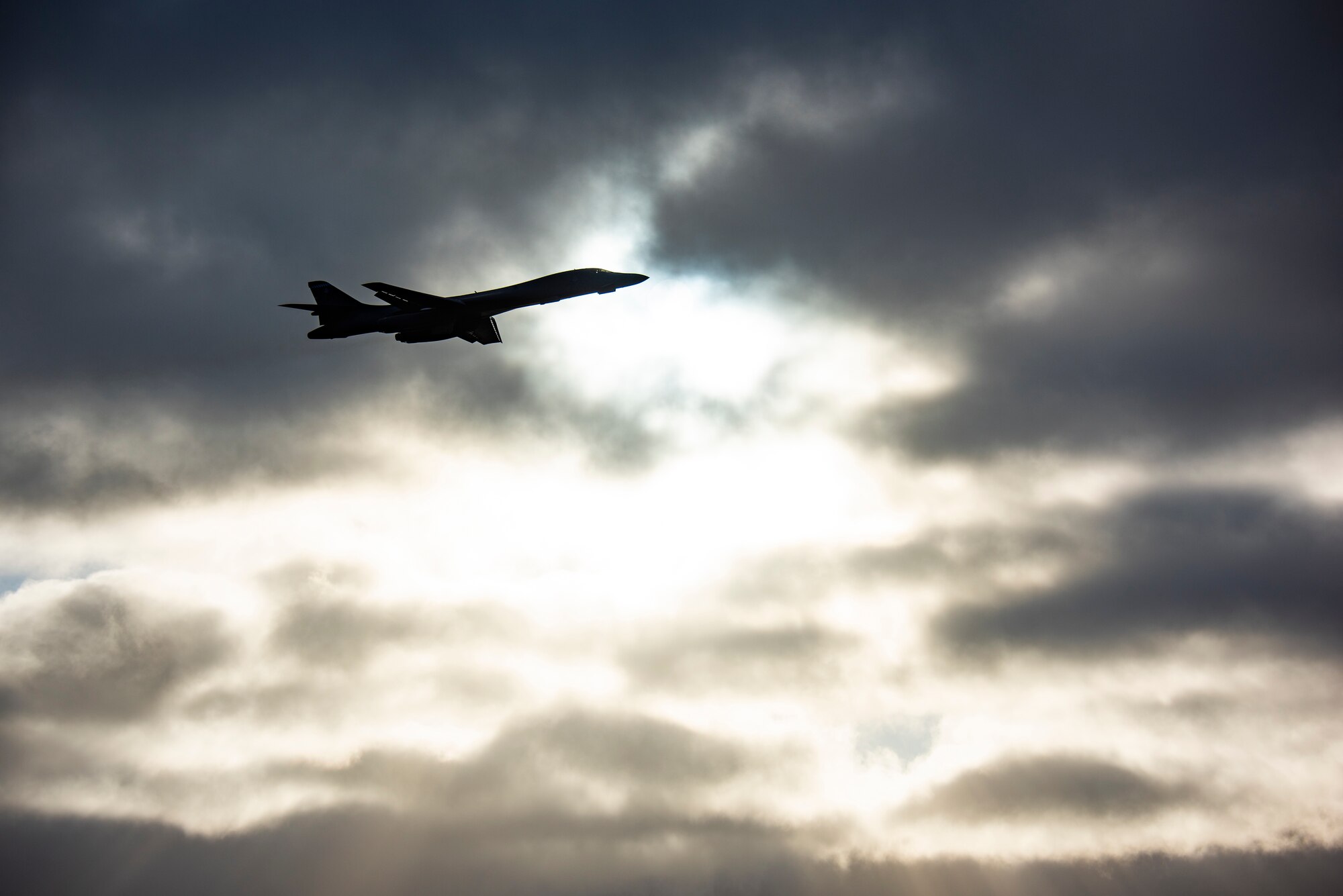 A B-1B Lancer assigned to the 9th Expeditionary Bomb Squadron flies over Ørland Air Force Station, Norway, Feb. 26, 2021. Strategic bomber missions provide theater familiarization for aircrew members and opportunities for U.S. integration with NATO allies and regional partners. (U.S. Air Force photo by Airman 1st Class Colin Hollowell)