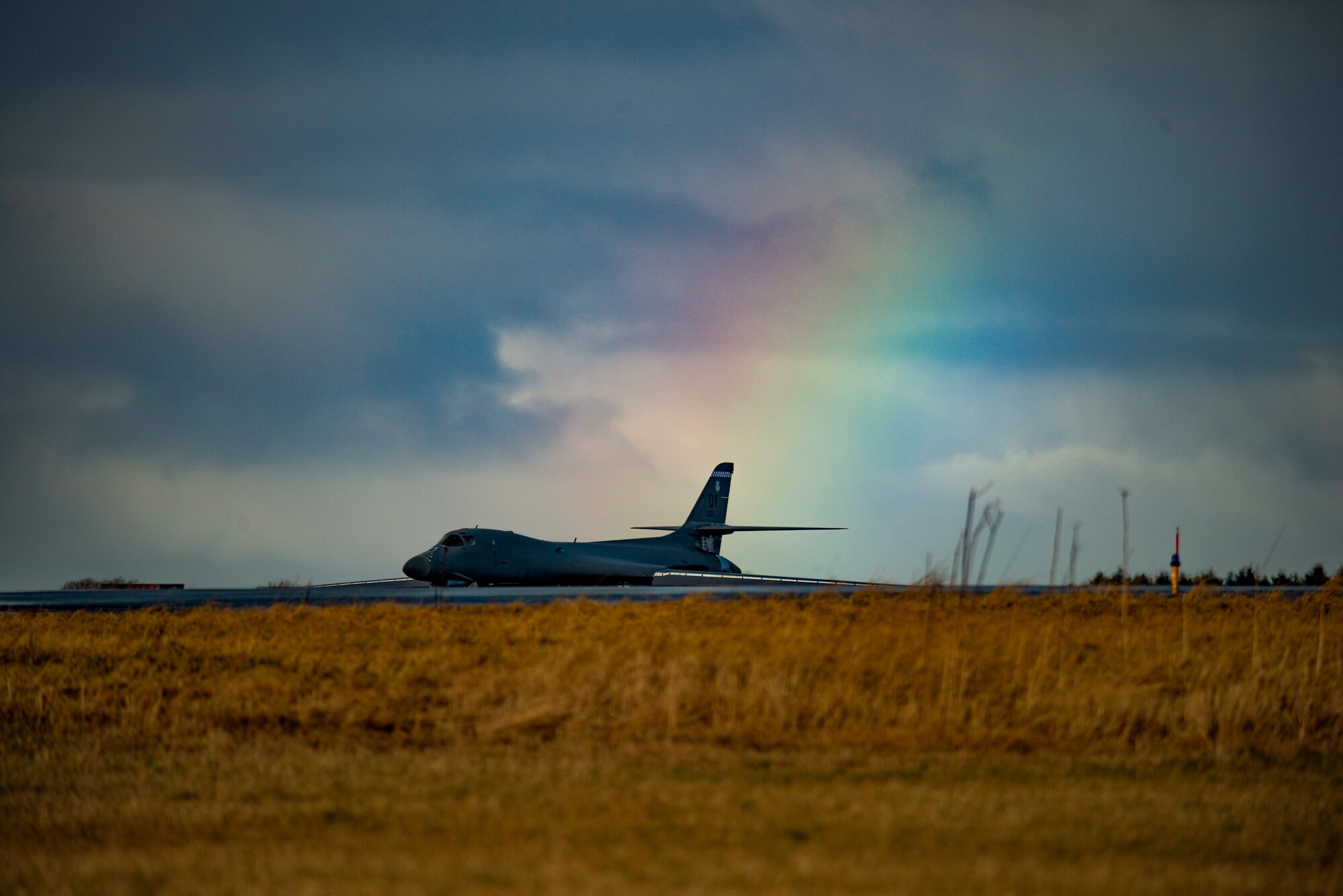 A B-1B Lancer assigned to the 9th Expeditionary Bomb Squadron taxis on the flightline at Ørland Air Force Station, Norway, Feb. 26, 2021. During the Bomber Task Force Europe deployment, the 9th EBS will integrate with ally and partner forces, providing key training for aircrew throughout the European theater and Arctic region. (U.S. Air Force photo by Airman 1st Class Colin Hollowell)