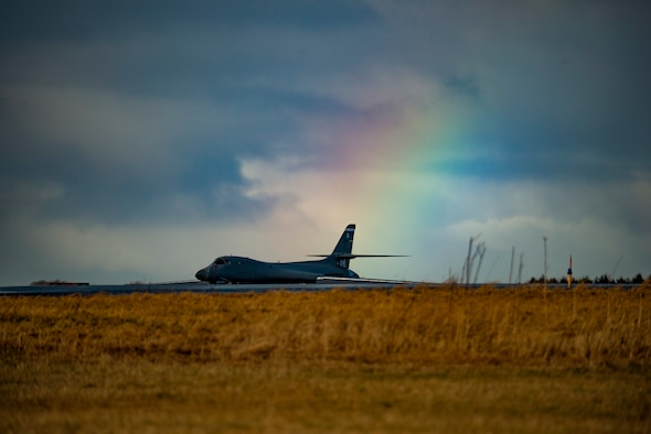 A B-1B Lancer assigned to the 9th Expeditionary Bomb Squadron taxis on the flightline at Ørland Air Force Station, Norway, Feb. 26, 2021. During the Bomber Task Force Europe deployment, the 9th EBS will integrate with ally and partner forces, providing key training for aircrew throughout the European theater and Arctic region. (U.S. Air Force photo by Airman 1st Class Colin Hollowell)
