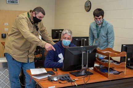 (From left to right) NNSY Operations Department’s (Code 300) Scheduler Roger Behm, Assistant Project Superintendent Mark Meidel and MSE Deputy Kyle Alexander testing the new MSE program.