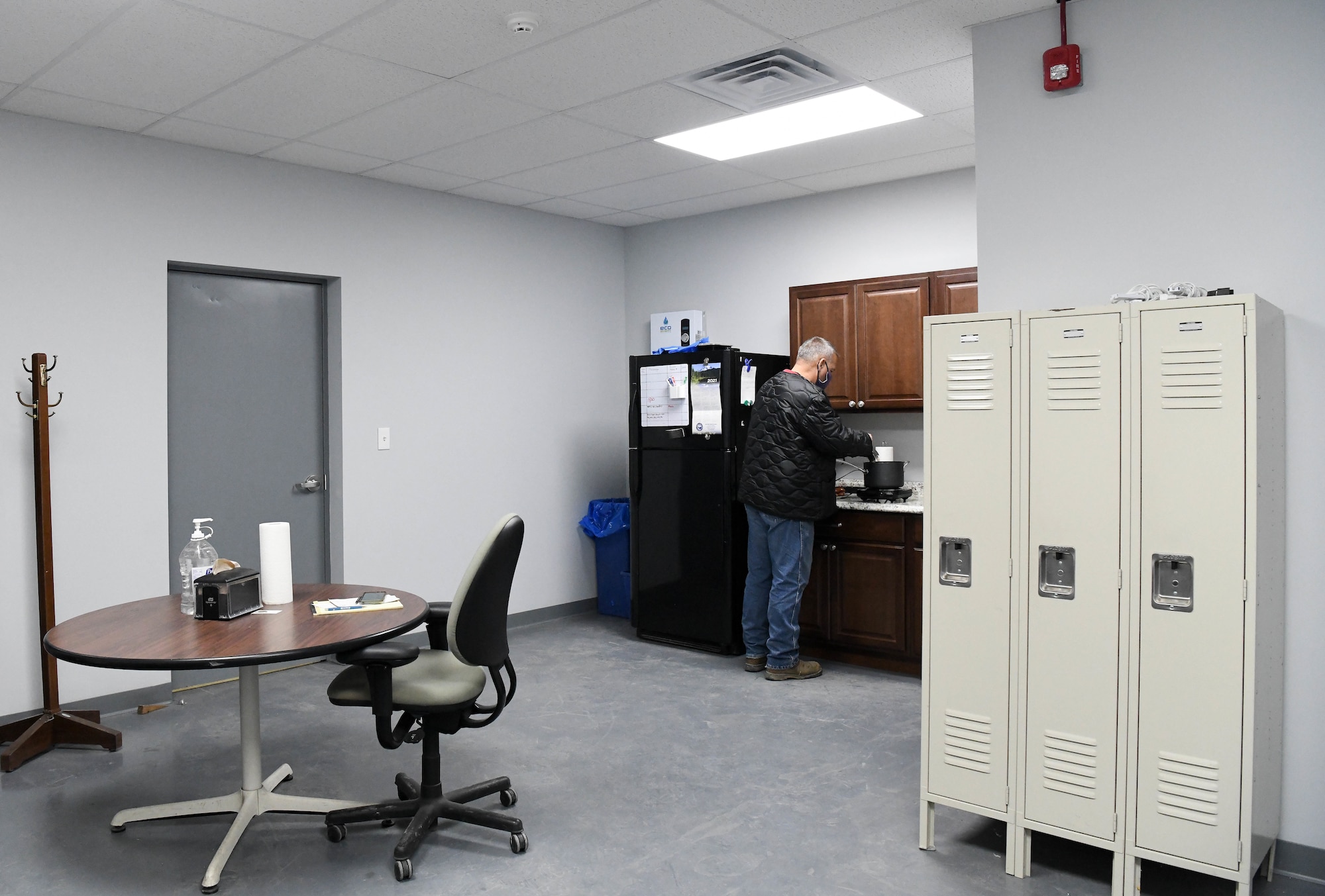 Bud Schell, a motor vehicle operator for the Arnold Air Force Base Services Recycling Program, prepares his lunch in the newly-constructed breakroom at the Recycling Facility at Arnold AFB, Tenn., Feb. 11, 2021. (U.S. Air Force photo by Jill Pickett)