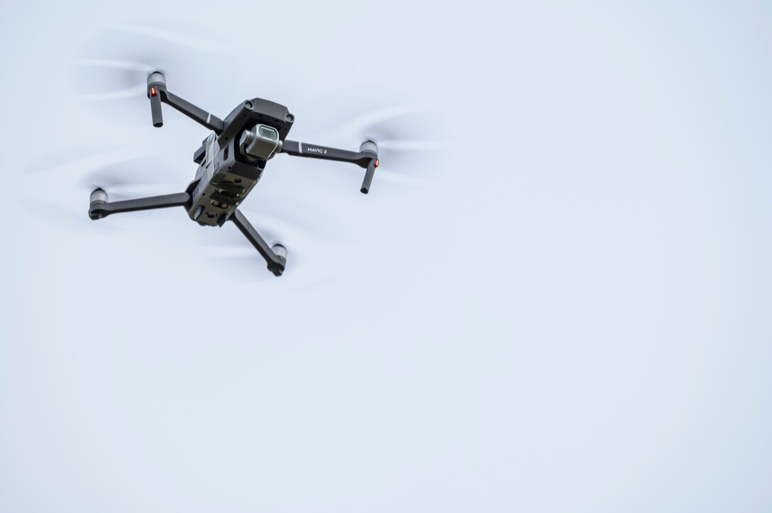 An unmanned aerial system hovers in the air during a Combined Joint All-Domain Command and Control demonstration at Ramstein Air Base, Germany, Feb. 22, 2021.