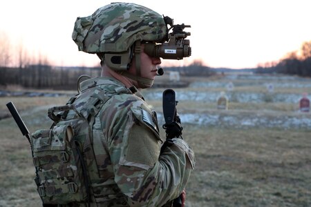 A Soldier from the 2-506, 101st Airborne Division don the Enhanced Night Vision Goggle (ENVG-B), Nett Warrior, and Family of Weapons Sight – Individual (FWS-I) during a Soldier Touchpoint at Aberdeen Proving Ground, MD in February 2021.