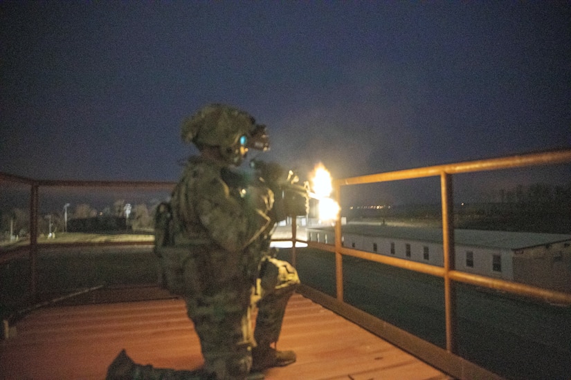 A Soldier from the 2-506, 101st Airborne Division pulls security while using the Enhanced Night Vision Goggle (ENVG-B), Nett Warrior, and Family of Weapons Sight – Individual (FWS-I) during a full mission test event a Soldier Touchpoint at Aberdeen Proving Ground, MD in February 2021.