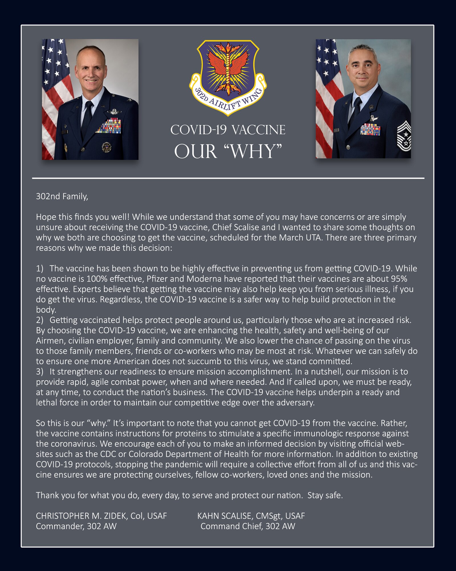 302nd Airlift Wing leadership provide their "why" behind receiving the COVID-19 vaccination before the March unit training assembly scheduled for Mar. 6 - 7th, 2021.