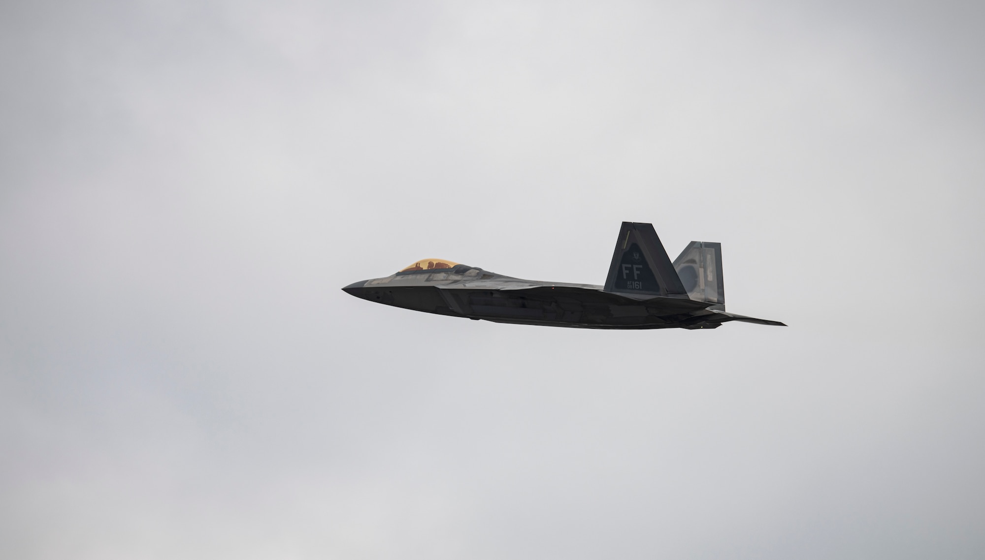 A U.S. Air Force F-22 Raptor from Joint Base Langley-Eustis, Virginia, takes off for a training flight from Tyndall Air Force Base, Florida, Feb. 19, 2021. The Weapons Systems Evaluation Program gives pilots the unique opportunity to perform live fire air-to-air exercises. (U.S. Air Force photo by Staff Sgt. Stefan Alvarez)