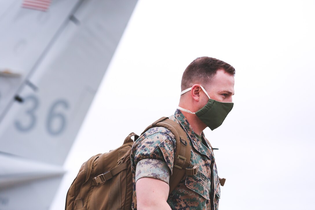 U.S. Marine Capt. Matthew Finnerty, communication strategy and operations officer with 2nd Marine Expeditionary Brigade, returns to Marine Corps Air Station New River, N.C., May 19, 2020, after providing Department of Defense support to the Federal Emergency Management Agency for the whole-of-nation COVID-19 Response. (U.S. Marine Corps photo by Sgt. Austyn Saylor)