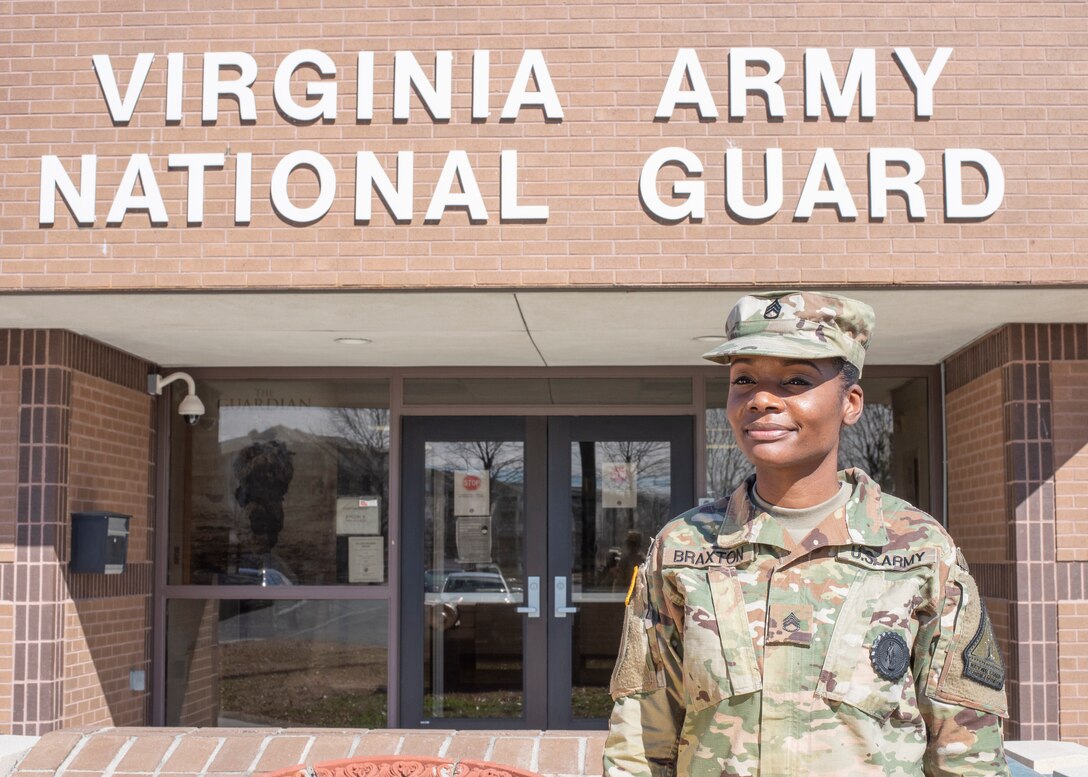 Virginia Army National Guard recruiter Staff Sgt. Monisha Braxton assigned to the Recruiting and Retention Battalion shares stories about her military experience and the commitments she made to herself Feb 24, 2021, in Hampton, Virginia. With 8 years of service in the National Guard, Braxton stresses the importance of sticking to your goals. (U.S. Army National Guard photo by Staff Sgt. Lisa M. Sadler)