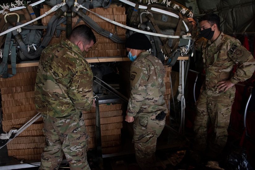 Soldiers from the 82nd Airborne Division from Fort Bragg , North Carolina, inspect equipment as part of Immediate Response Force training Feb. 1, 2020 at Joint Base Charleston, South Carolina. The IRF is a rapid reaction force jointly maintained by the United States Army and United States Air Force. The purpose of the IRF movement at Joint Base Charleston was to project ready forces, available to deploy at any given moment. Approximately 4,000 soldiers and Air-men participated in the training.