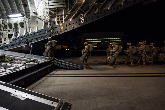 Soldiers from the 82nd Airborne Division  from Fort Bragg, North Carolina, board a C-17 Globemaster III as part of Immediate Response Force training Jan. 20, 2020 at Joint Base Charleston, South Carolina. The IRF is a rapid reaction force jointly maintained by the United States Army and United States Air Force. The purpose of the IRF movement at Joint Base Charleston was to project ready
forces, available to deploy at any given moment. Ap-proximately 4,000 Soldiers and Airmen
participated in the training.