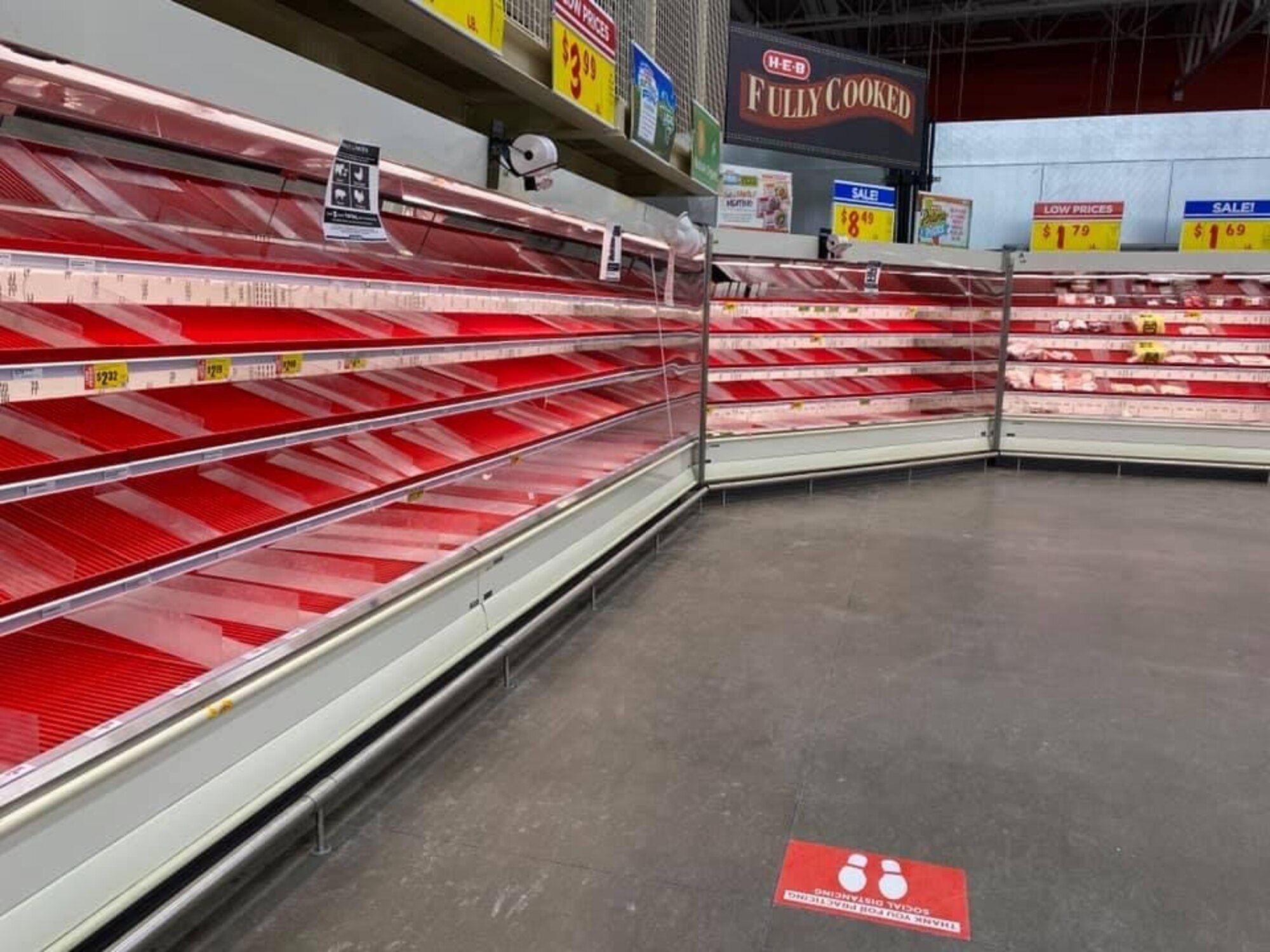 Meat shelves are barren in a local grocery store from the snowstorm, in San Angelo, Texas, Feb. 20, 2021. The storm created a local emergency and many members of Goodfellow Air Force Base were affected in some way from the lack of water, food, electricity and heat. (Courtesy photo)