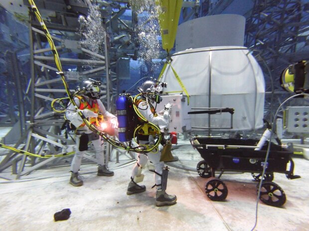 Capt. Jay Young (left) and Astronaut Jonny Kim (right) conduct simulated lunar operations utilizing the DAVD system on 25 Feb.