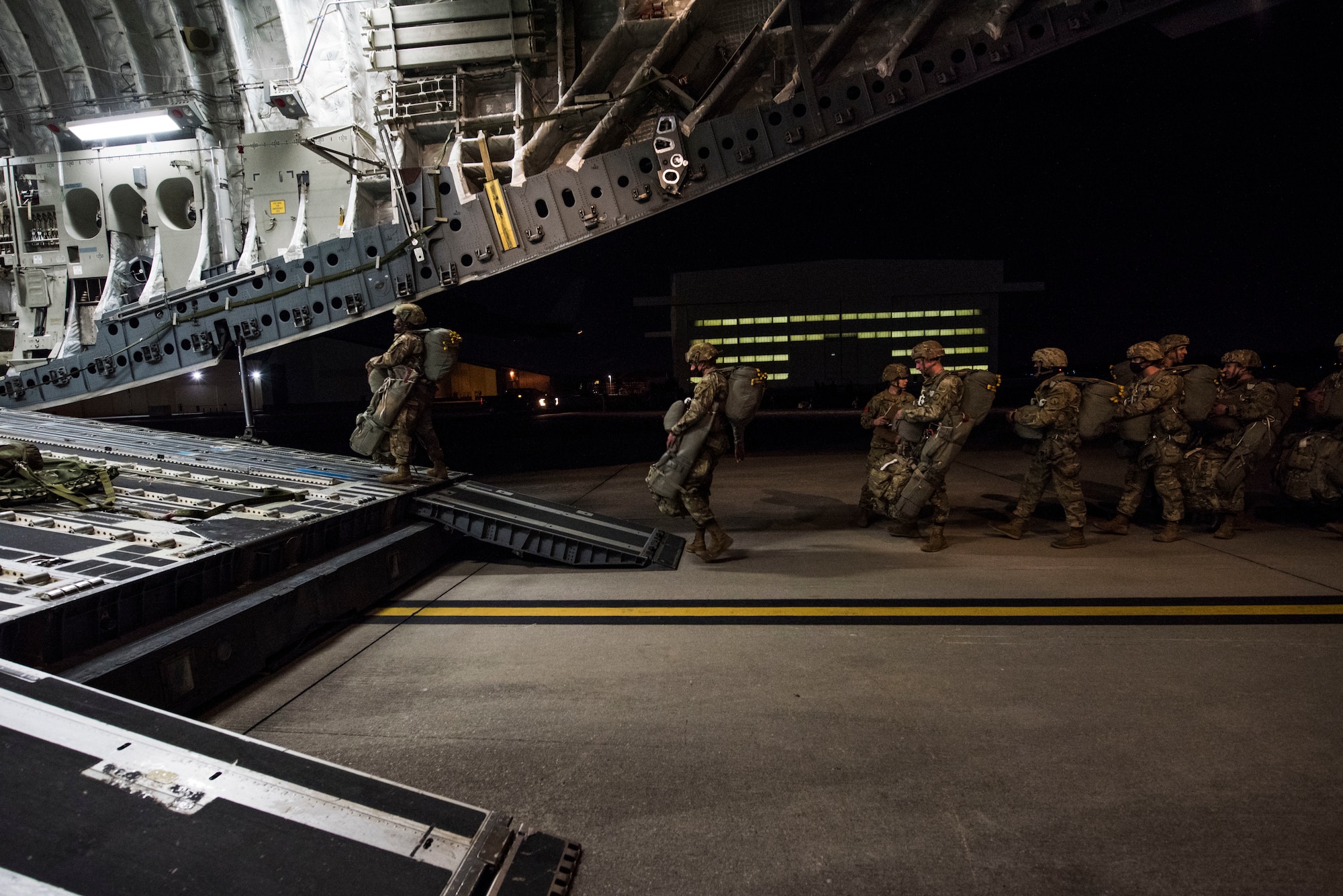 Soldiers from the 82nd Airborne Division  from Fort Bragg, North Carolina, board a C-17 Globemaster III as part of Immediate Response Force training Jan. 20, 2020 at Joint Base Charleston, South Carolina. The IRF is a rapid reaction force jointly maintained by the United States Army and United States Air Force. The purpose of the IRF movement at Joint Base Charleston was to project ready
forces, available to deploy at any given moment. Ap-proximately 4,000 Soldiers and Airmen
participated in the training.