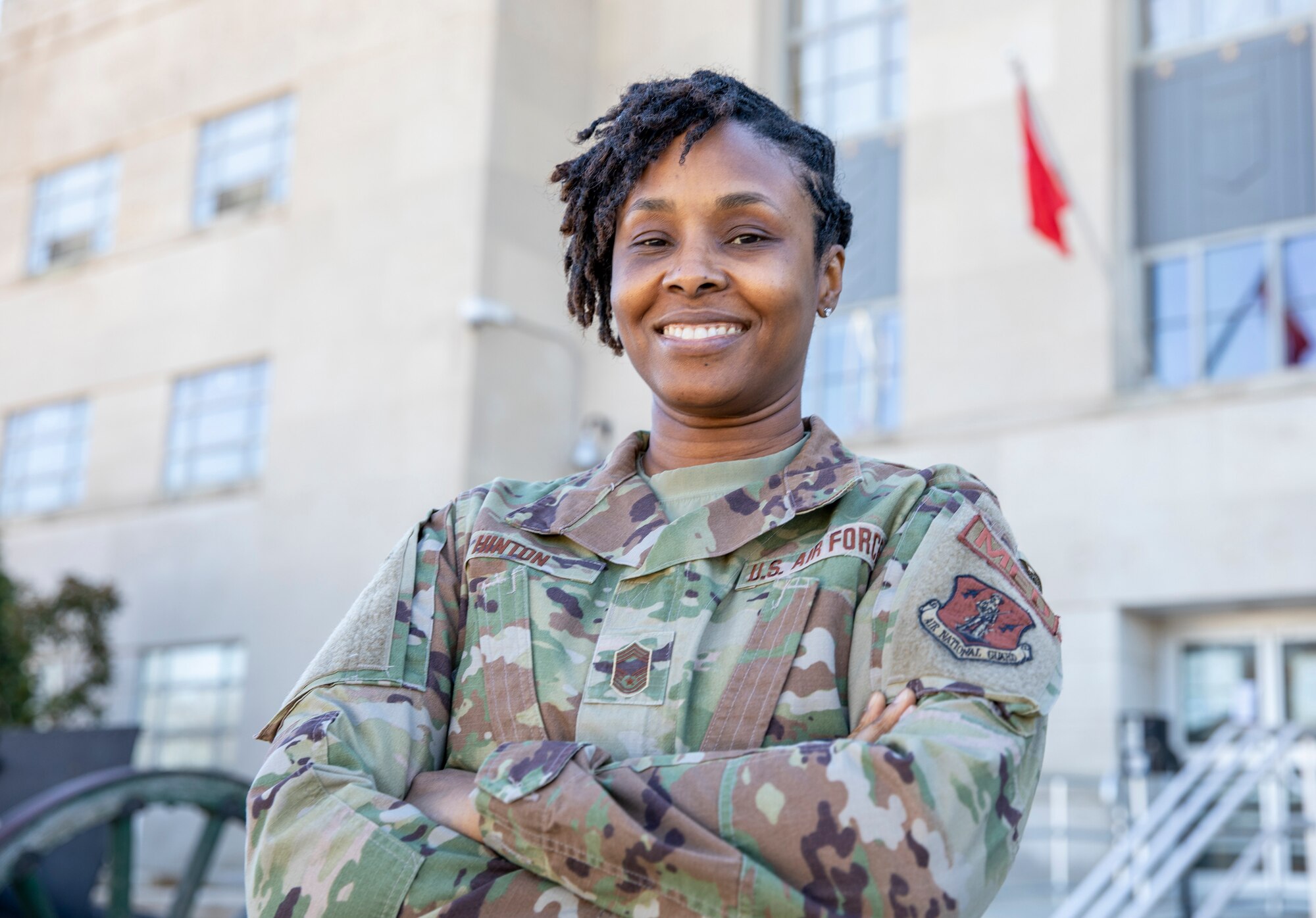 U.S. Air Force Chief Master Sgt. Naconda Hinton, Joint Task Force senior enlisted leader, District of Columbia National Guard, talks about her experiences throughout her career at the D.C. Armory in Washington, D.C. Feb. 7, 2021.
