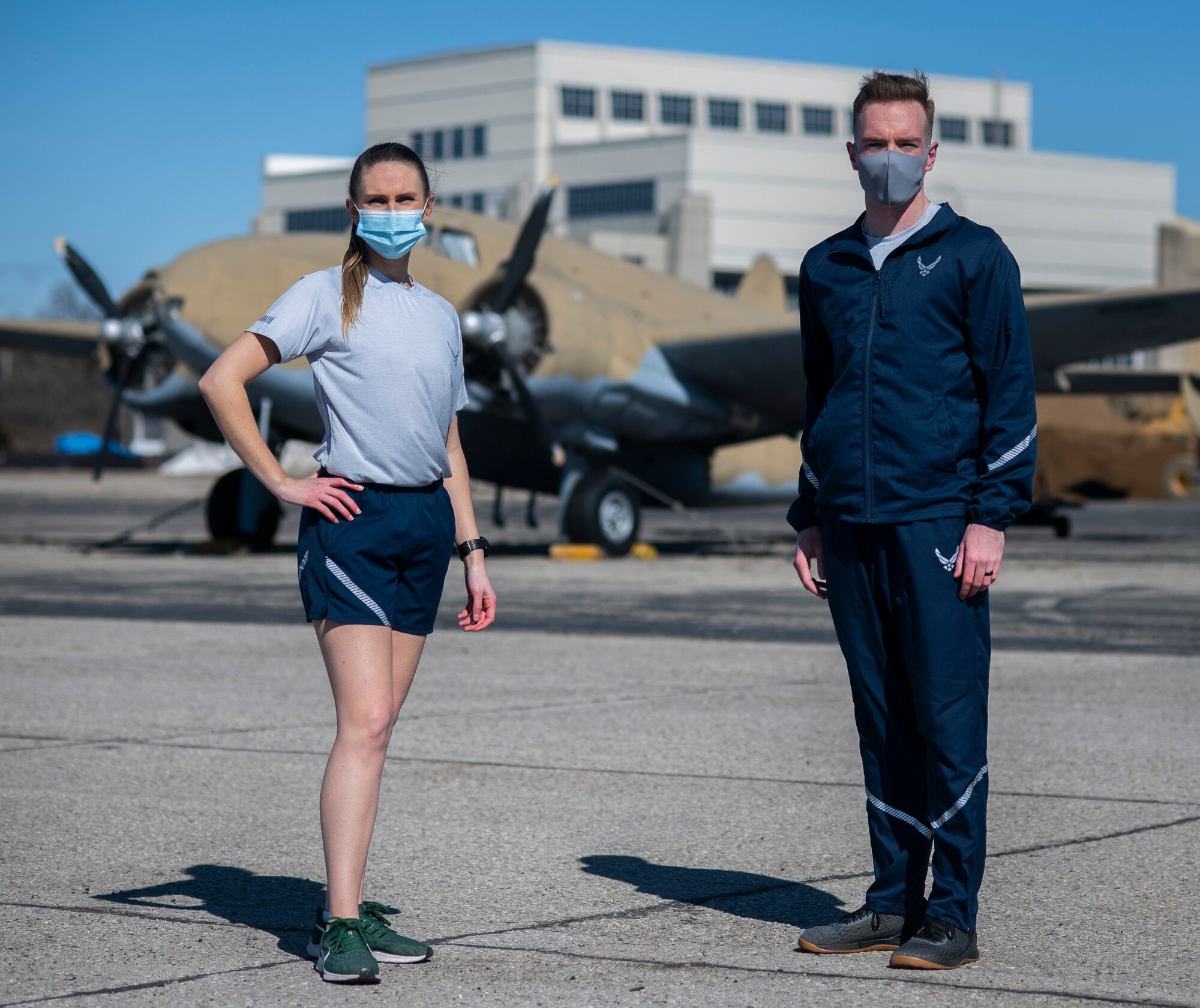 Air Force Uniform Office members 1st Lt. Avery Thomson and 2nd Lt. Maverick Wilhite put the updated versions of the Air Force physical training (PT) uniform through their paces at Wright-Patterson Air Force Base, Ohio, Feb. 25, 2021.  The Air Force Uniform Office is part of the Human System's Division in the Air Force Life Cycle Management Center's Agile Combat Support Directorate. This is the first update to the PT uniform in more than 16 years, and over 150 Airmen participated in testing the new gear. The new ensemble currently consists of a jacket, a pair of pants, a T-shirt and two types of shorts; a lined runner's short and a longer unlined multipurpose short. A long sleeve t-shirt and a hoodie are in development. The ensemble features improved fabrics that are softer and quick drying, and have antimicrobial technology, which  helps with moisture and odor control. The new uniform items are entering the production phase and will be available to Airmen sometime in 2022. (U.S. Air Force photo by Jim Varhegyi)