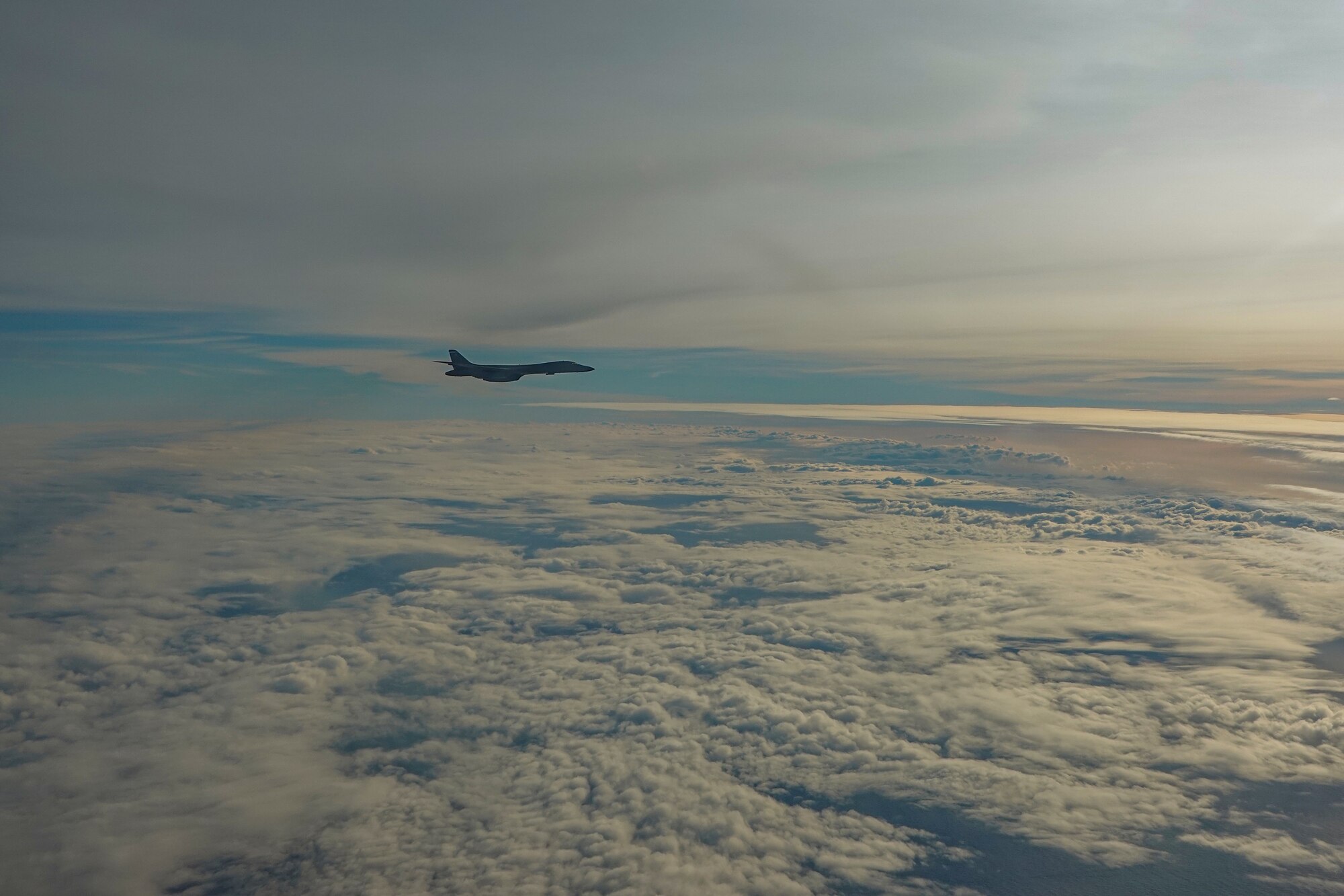A B-1B Lancer assigned to the 9th Expeditionary Bomb Squadron flies over southwest Norway, Feb. 26, 2021. Two B-1’s participated in Arctic Bone, a local training mission during which the aircrew conducted long-range anti-ship missile training. (U.S. Air Force courtesy photo)