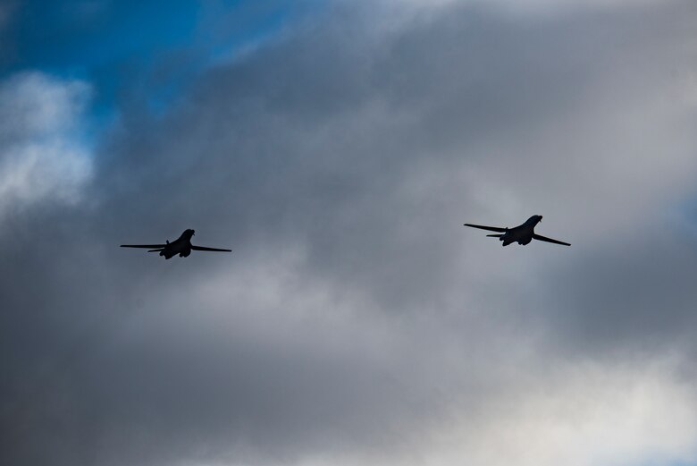 Two B-1B Lancers assigned to the 9th Expeditionary Bomb Squadron fly over Ørland Air Force Station, Norway, Feb. 26, 2021. The 9th EBS deployed to Ørland Air Force Station in support of Bomber Task Force Europe training missions throughout the European and Arctic theaters. (U.S. Air Force photo by Airman 1st Class Colin Hollowell)