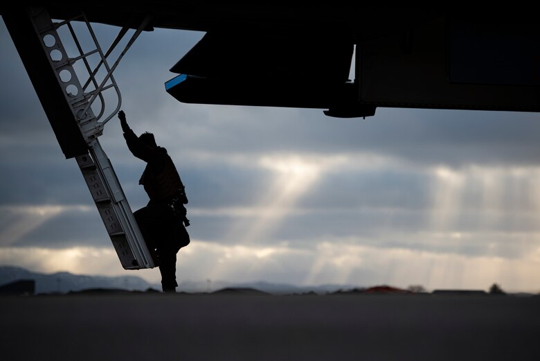A pilot assigned to the 9th Expeditionary Bomb Squadron exits a B-1B Lancer at Ørland Air Force Station, Norway, Feb. 21, 2021. Integrating with ally and partner forces provides the 9th EBS with force familiarization while developing future operational tactics, training and procedures. (U.S. Air Force photos by Airman 1st Class Colin Hollowell)