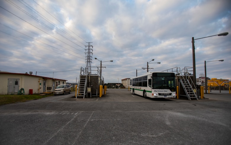 A Green Line bus refuels at a defense fuel supply point (DFSP) on Camp Foster, Okinawa, Japan, Jan. 14, 2021. A DFSP on Okinawa allows III Marine Expeditionary Force to stay ready at a moment’s notice. Bulk fuel supports all types of transportation fuel for the variety of U.S. military vehicles on Okinawa. (U.S. Marine Corps photo by Lance Cpl. Shelby A. Karr)